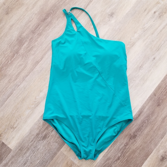 NWT Land's End Green UPF 50 Full Coverage One Shoulder One Piece Swimsuit Large - Picture 2 of 7